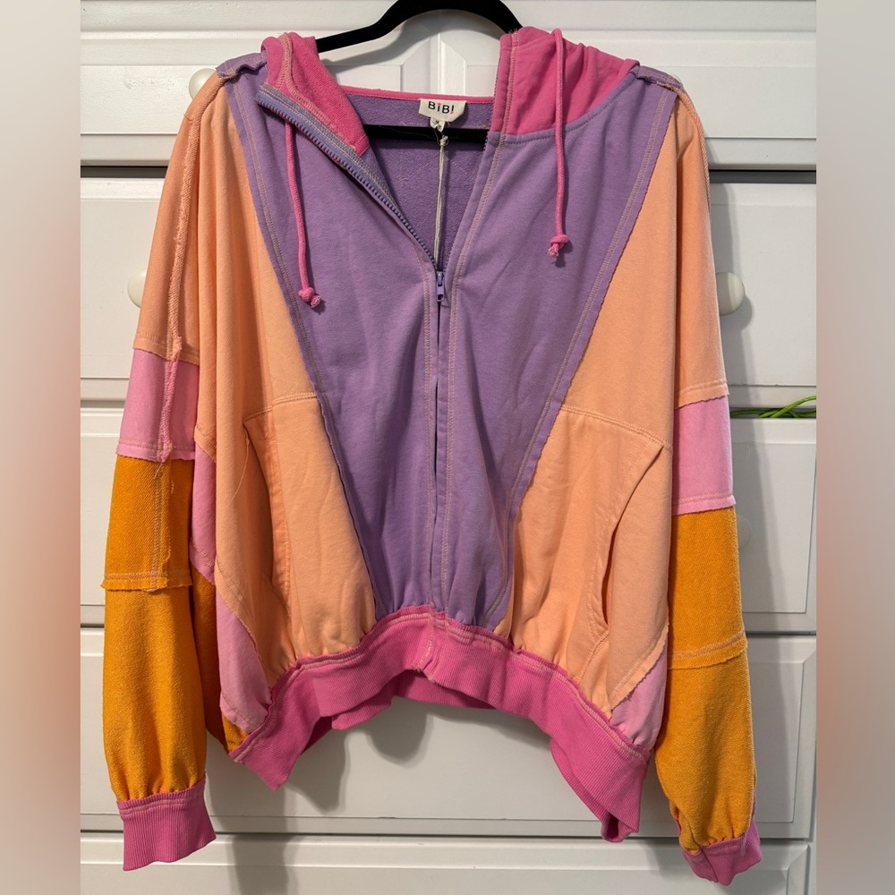 BiBi French Terry multi color block zip up hoodie vintage Medium M New NWT